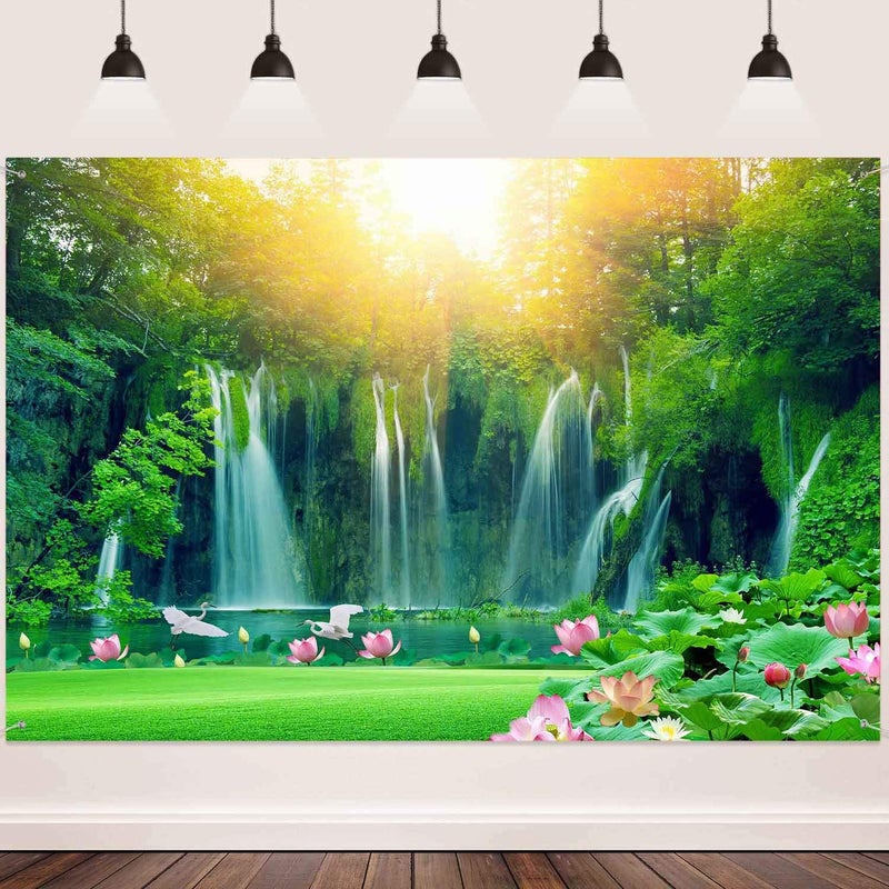 FHZON 10x7ft Waterfall Backgrounds for Photography Green Trees Forest Lotus Lake Sunshine Backdrop Travel Picture Wallpaper Decoration Photo Booth Video Prop TMFH021 - Image 1